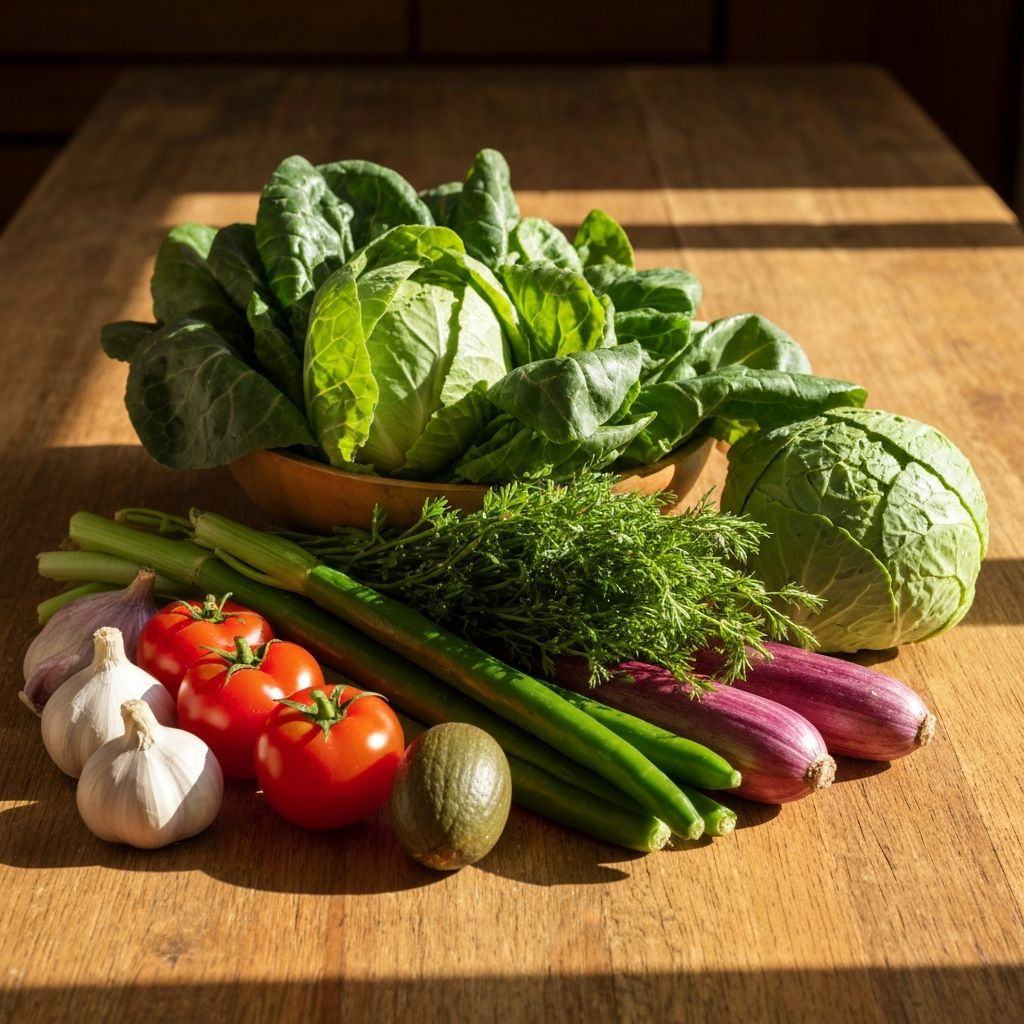 Vielfältige natürliche Lebensmittel mit Gemüse und Kräutern