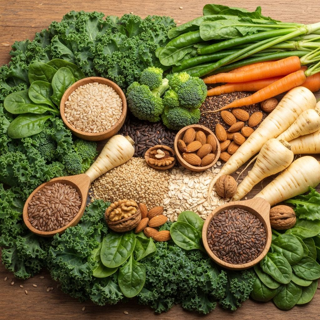 Vollkorngetreide, Blattgemüse und Nüsse für ausgewogene natürliche Ernährung